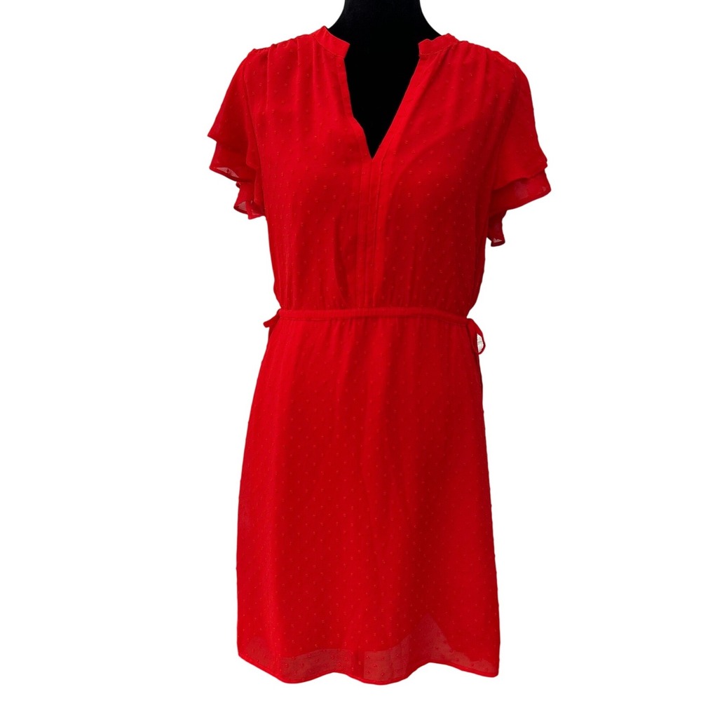 H&M Red Swiss Dot V-Neck Ruffle Sleeve Mini Dress Size 8